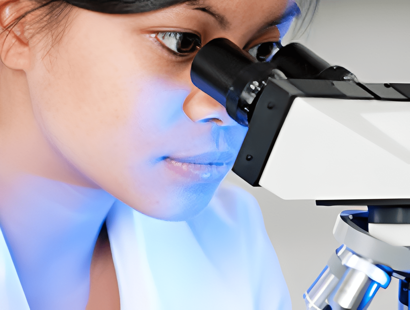 Scientist examining sample through a microscope in a lab.