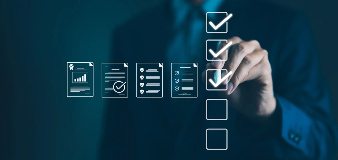 Hand checking off boxes on a digital checklist interface.